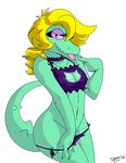  2016 alligator anthro bedroom_eyes black_eyes blonde_hair bratty_(undertale) breasts cat_lingerie cleavage cleavage_cutout clothed clothing eyelashes eyeshadow female green_scales hair half-closed_eyes hi_res lingerie long_hair looking_at_viewer makeup pink_sclera reptile saliva scales scalie seductive simple_background skoon solo tongue tongue_out undertale video_games white_background 