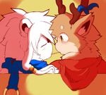  anthro antlers blush cervine duo eyes_closed feline food_in_mouth horn leo_(whiteleo) lion male male/male mammal mane pocky rear_view reindeer romantic rudolph scarf whiteleo young 