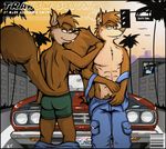  2013 abs anthro athletic avian bird blush brown_fur brown_nose buckteeth building bulge car city clothed clothing digital_media_(artwork) duo front_view fur implied_homosexuality kcee male mammal multicolored_fur muscular muscular_male outside pants_down partially_clothed pecs poster pubes rear_view reggie_(transmission) rodent russell_(transmission) sky smile squirrel standing sunset teeth topless traffic_light transmission tree two_tone_fur underwear undressing vehicle 