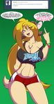  amanda_(mastergodai) anthro big_breasts blonde_hair breasts cleavage clothed clothing english_text female green_eyes hair hi_res horn huge_breasts mammal mastergodai middle_finger nipple_bulge off_shoulder open_mouth shirt shorts smile solo text 