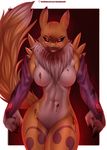  2016 anthro big_breasts black_sclera blood breasts bridal_gauntlets chest_tuft digimon doomthewolf edgy facial_markings featureless_breasts featureless_crotch female fur glowing glowing_eyes hi_res markings mostly_nude navel nightmare_fuel red_eyes renamon solo tuft white_fur wide_hips yellow_fur 