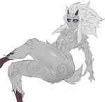  2016 absurd_res anthro areola blue_eyes blue_nipples breasts butt caprine digitigrade female fur grey_fur hair hi_res hooves horn kindred_(lol) lamb_(lol) league_of_legends long_ears long_hair looking_at_viewer mammal navel nipples nude pussy sheep signhereplease simple_background slim small_breasts solo spirit thick_thighs video_games white_background white_hair 