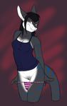  2016 anthro black_hair black_pussy blue_markings bottomless clothed clothing female grey_body hair hi_res looking_at_viewer markings os panties panties_down pussy solo underwear undressing unknown_species 
