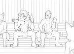  abs alcohol anthro barefoot beverage black_and_white bottle bulge canine clothed clothing digital_drawing_(artwork) digital_media_(artwork) duo_focus feline food fox front_view grin group lion male mammal mane mohawk monochrome muscular pecs pyro_(whiteleo) rear_view sitting smile spread_legs spreading topless towel whiteleo 
