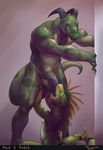 anthro ball_fondling balls big_dom_small_sub big_penis black_penis dinosaur duo erection eyes_closed fellatio fondling gorath hi_res horn lizard looking_down male male/male mech_(mechedragon) neck_bulge nude open_mouth oral penis reptile scalie sex simple_background size_difference smile teeth uncut vein 