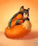  2015 ambiguous_gender anthro beverage black_fur black_hair black_nose blue_hair brown_eyes canine claws cup curled_up digital_media_(artwork) dipstick_tail ear_piercing eyewear food fox fur glasses hair hi_res mammal multicolored_tail orange_fur piercing red_fox simple_background smile solo steam todd vallhund watermark white_fur 