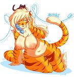  ambiguous_gender anthro belly big_breasts breasts brown_fur brown_stripes buxbi_(character) cat chikkbug digital_media_(artwork) duo feline female feral fur hi_res mammal multicolored_fur naughty_face navel nipples on_top orange_fur seductive simple_background slightly_chubby solo_focus stripes thick_thighs tiger tongue tongue_out white_background white_fur 