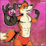  2013 abs anthro athletic bingo bingo_ball black_nose bulge canine clothed clothing digital_media_(artwork) english_text fox foxy_bingo fur hi_res kcee looking_at_viewer male mammal navel open_mouth pecs pose smile solo speedo swimsuit text tongue topless 