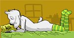  anthro asriel_dreemurr bed boss_monster butt caprine clothed clothing dezz goat legwear long_ears lying male mammal mostly_nude on_bed on_front reading socks solo stockings striped_legwear striped_stockings stripes thigh_highs topless undertale video_games 