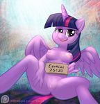  1trick 2016 abstract_background anthro breasts english_text equine feathered_wings feathers female friendship_is_magic fur hair horn looking_at_viewer mammal multicolored_hair my_little_pony patreon purple_eyes purple_feathers purple_skin pussy sign smile solo text twilight_sparkle_(mlp) winged_unicorn wings 