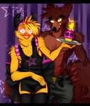  anthro avian bird canine chica_(fnaf) chicken clothed clothing crossgender cupcake_(fnaf) dress duo eoki-san_(artist) five_nights_at_freddy&#039;s fox foxy_(fnaf) girly glowing glowing_eyes legwear looking_at_viewer male mammal pants thigh_highs video_games 