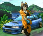  2015 abs anthro biceps black_fur black_hair black_nose brown_eyes bulge canine claws clothed clothing crossed_arms detailed_background digital_media_(artwork) dipstick_tail ear_piercing erection eyewear fangs fox fur glasses hair jockstrap looking_at_viewer male mammal multicolored_tail muscular muscular_male navel navel_piercing orange_fur orange_tail pecs piercing red_fox smile solo standing subaru tall teeth todd toe_claws topless underwear vallhund vehicle watermark white_fur 