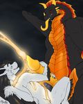  anthro big_dom_small_sub colored_cum cum cum_on_chest cum_on_penis cumshot dragon duo erection frottage genital_piercing gorath gorath_(character) half-closed_eyes huge_penis knot male male/male nude orgasm penis penis_hug penis_piercing piercing scales sex sharp_teeth size_difference smile standing teeth tongue tongue_out unusual_cum wings 