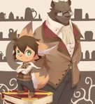  age_difference anthro black_eyes black_fur black_nose book brown_hair button_up_shirt clothed clothing crossed_arms cute duo eyewear feline footwear fur glasses green_eyes hair inner_ear_fluff kemono looking_at_viewer male mammal moki orange_fur pants shoes size_difference smile young 