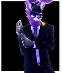 anthro black_background bonnie_(fnaf) border cigarette clothed clothing eoki-san_(artist) eyewear five_nights_at_freddy&#039;s fully_clothed hat lagomorph male mammal rabbit simple_background smoking solo suit video_games white_border 