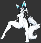  anthro black_hair blue_horns blue_nose breasts chest_tuft clothing female fur hair hi_res horn jacket looking_at_viewer navel nipples pussy red_eyes slugbox smile solo tuft unknown_species white_fur white_nipples 