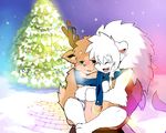  anthro antlers blush cervine christmas christmas_tree clothed clothing cute_fangs duo eyes_closed feline front_view holidays horn leo_(whiteleo) lion male mammal mane outside panting piggyback reindeer rudolph scarf smile snow standing topless tree whiteleo young 