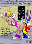  2001 balls bent_over bottomless buster_bunny clothed clothing dialogue duo english_text female hair kthanid lagomorph lola_bunny looney_tunes male mammal panties panties_down pants_down partially_clothed penis penis_tip rabbit school spanking text tiny_toon_adventures underwear warner_brothers 