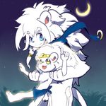  anthro cute_fangs duo feline glowing hi_res leo_(whiteleo) lifted lifted_by_arms lion looking_at_viewer looking_up mammal mane moon mostly_nude night outside pointing scarf size_difference smile whiteleo 