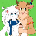  :3 ? abs anthro armband blush cervine dessert duo feline flat_colors food front_view hi_res ice_cream jingle_bells leo_(whiteleo) lion looking_away male mammal mane mostly_nude nude open_mouth pattern_background pecs reindeer rudolph scarf shy simple_background soft_serve speech_bubble whiteleo 