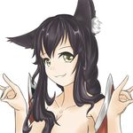  ahri animal_ears bare_shoulders black_hair breasts cleavage collarbone fox_ears fox_shadow_puppet large_breasts league_of_legends long_hair looking_at_viewer simple_background solo white_background yellow_eyes 