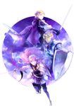  2boys armor blonde_hair blue_eyes cape fire_emblem fire_emblem_if gauntlets gloves ignis_(fire_emblem_if) kuzumosu lance long_hair multiple_boys open_mouth pink_hair polearm purple_eyes shield siegbert_(fire_emblem_if) simple_background soleil_(fire_emblem_if) sword weapon white_background 