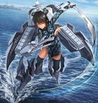  black_hair camouflage dao digital_camouflage dutch_angle flight_deck gun highres horizon kantai_collection mecha_musume military military_uniform missile ocean one_eye_closed original outdoors people's_liberation_army_navy personification red_eyes short_hair solo splashing sword tom-neko_(zamudo_akiyuki) type_052d_destroyer uniform water weapon 