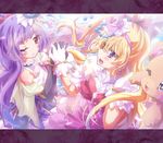  asahina_mirai bare_shoulders black_gloves blonde_hair blush cure_magical cure_miracle elbow_gloves gloves hat heart highres holding_hands inoshishi_(ikatomo) interlocked_fingers izayoi_liko letterboxed long_hair magical_girl mahou_girls_precure! mofurun_(mahou_girls_precure!) multiple_girls one_eye_closed open_mouth precure purple_eyes side_ponytail smile white_gloves witch_hat 