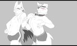  anthro bulge canine clothed clothing collar duo fangs male male/male mammal monochrome shade_okami simple_background smile teeth topless 