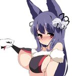  animal_ears assisted_exposure bell black_hair blush breasts embarrassed erune fox_ears fur_trim granblue_fantasy hair_bell hair_ornament jingle_bell large_breasts lifted_by_another multiple_views nose_blush out_of_frame purple_hair red_eyes shirt_lift sideboob solo_focus sweat tera_zip underboob yuel_(granblue_fantasy) 