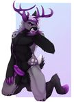  anthro antlers balls cervine elk erection fangs hi_res horn kneeling looking_at_viewer male mammal penis shade_okami simple_background smile solo teeth tongue tongue_out 