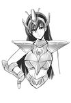  armor equuleus_kyoko fingerless_gloves gloves greyscale long_hair monochrome saint_seiya saint_seiya_saintia_sho simple_background solo tare-katsu white_background 