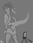  &lt;3 2016 anthro boxers_(clothing) butt camera clothed clothing easy_access elbow_gloves girly gloves greyscale hair hat legwear looking_back looking_down male monochrome penis pose recording reptile scalie skimpy solo standing thigh_highs tongue tongue_out topless trooper_(yifftrooper501) underwear yifftrooper501 