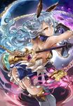  animal_ears ass back bad_anatomy bangs bare_back black_gloves blue_hair breasts bunny_ears cape chain erune eyebrows eyebrows_visible_through_hair eyelashes ferry_(granblue_fantasy) fire frills gem gloves granblue_fantasy hair_between_eyes himuro_(dobu_no_hotori) holding holding_weapon light_smile long_hair looking_at_viewer looking_back moon sideboob sky sleeveless small_breasts solo thighhighs wavy_hair weapon yellow_eyes 