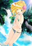 amo_(rnrkrn) ass_visible_through_thighs bikini blonde_hair dutch_angle flower green_eyes hair_flower hair_ornament highres lens_flare long_hair navel open_mouth original palm_tree ponytail solo sunlight swimsuit thigh_gap tree untied untied_bikini wading wardrobe_malfunction water water_drop wet 