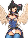  absurd_res angel animal_humanoid big_breasts black_hair blue_eyes breasts cleavage clothed clothing feathered_wings feathers female hair heterochromia hi_res humanoid kaede1058 lagomorph long_ears looking_at_viewer mammal open_mouth portrait pose rabbit_humanoid red_eyes simple_background solo three-quarter_portrait underwear white_background wings 