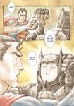  absurdres anthony_tan armor batman batman_(cosplay) batman_v_superman:_dawn_of_justice blocking comic cosplay crossover dc_comics english highres male_focus multiple_boys one-punch_man punching saitama_(one-punch_man) short_hair superman 