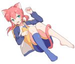  animal_ears bad_id bad_pixiv_id blue_legwear cat_ears cat_tail catboy full_body green_eyes inazuma_eleven_(series) inazuma_eleven_go jacket kemonomimi_mode kirino_ranmaru long_hair male_focus no_shoes open_clothes open_jacket open_mouth pink_hair raimon raimon_soccer_uniform raimon_track_suit simple_background single_sock soccer_uniform socks solo sportswear t_(toddy_t) tail track_jacket twintails white_background 