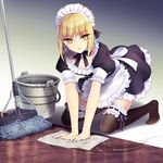  all_fours apron artoria_pendragon_(all) black_legwear blonde_hair bucket detached_collar fate/stay_night fate_(series) looking_at_viewer maid maid_headdress mop rag saber_alter short_hair solo thighhighs waist_apron water yellow_eyes yeruen 