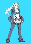  aqua_background ban breasts commentary_request garter_straps gauntlets gipsy_danger glasses high_collar highres long_hair mecha_musume navel pacific_rim personification red_eyes side_ponytail simple_background small_breasts smile solo thighhighs 