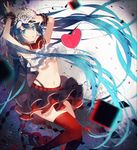  aqua_eyes aqua_hair arms_up bare_shoulders black_panties black_skirt bless_you_(module) flower frills hair_flower hair_ornament hakusai_(tiahszld) hatsune_miku heart highleg highleg_panties highres long_hair looking_at_viewer midriff miniskirt navel nisoku_hokou_(vocaloid) panties project_diva_(series) project_diva_f_2nd red_legwear shirt skirt sleeveless sleeveless_shirt solo thighhighs twintails underwear very_long_hair vocaloid wrist_cuffs 