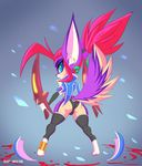  anklet anthro big_breasts big_butt blood blue_eyes breasts butt canine clothing ear_piercing female fox fur gloves hair hi_res jewelry legwear looking_at_viewer looking_back mammal melee_weapon piercing pink_hair purple_fur shyra sif solo stockings sword thick_thighs underwear weapon wide_hips 