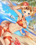  bikini blonde_hair blue_eyes blush breasts chiro_(norishiro_michiro) eyewear_on_head flower granblue_fantasy hair_flower hair_ornament hand_on_eyewear large_breasts long_hair looking_at_viewer navel open_mouth red_bikini sand shawl ship sitting smile solo sunglasses swimsuit twintails water watercraft zeta_(granblue_fantasy) 