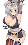  american_flag_legwear armpits arms_up belt belt_buckle blue_eyes blush breasts buckle cleavage cosplay covered_nipples elbow_gloves eyebrows_visible_through_hair front-tie_top garter_straps gloves grey_hair hair_over_one_eye hamakaze_(kantai_collection) headgear highres iowa_(kantai_collection) iowa_(kantai_collection)_(cosplay) kantai_collection large_breasts looking_at_viewer miniskirt mismatched_legwear navel short_hair simple_background sin_(kami148) skirt solo striped striped_legwear thighhighs vertical-striped_legwear vertical-striped_skirt vertical_stripes white_background 
