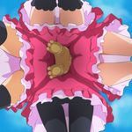  asahina_mirai black_legwear cloud emily_(mahou_girls_precure!) from_below haruyama_kazunori jun_(mahou_girls_precure!) kei_(mahou_girls_precure!) magic_school_uniform mahou_girls_precure! mofurun_(mahou_girls_precure!) multiple_girls no_panties pantyhose precure sky thighhighs 