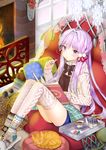  amo_(rnrkrn) book bookmark cat cup highres long_hair looking_at_viewer pintail purple_eyes purple_hair snowflakes solo sweater sword_girls teacup teapot thighhighs 
