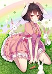  animal animal_ears black_hair blush bunny bunny_ears bunny_tail carrot clover dress four-leaf_clover full_body hecha_(swy1996228) highres inaba_tewi jewelry looking_at_viewer necklace pink_dress puffy_sleeves rainbow red_eyes short_hair short_sleeves sitting solo sparkle tail touhou 