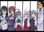  5girls admiral_(kantai_collection) ahoge asashimo_(kantai_collection) ashigara_(kantai_collection) belt black_hair blouse blue_eyes bow bowtie breasts brown_eyes brown_hair commentary crossed_arms dress glasses gloves grey_eyes grey_hair hair_between_eyes hair_ornament hair_over_one_eye hair_ribbon hairband hand_on_hip headband highres hip_vent horned_headwear huge_ahoge k2 kantai_collection kasumi_(kantai_collection) kiyoshimo_(kantai_collection) long_hair long_sleeves looking_at_viewer low_twintails medium_breasts military military_uniform multiple_girls odd_one_out ooyodo_(kantai_collection) ponytail remodel_(kantai_collection) ribbon school_uniform semi-rimless_eyewear serafuku short_hair side_ponytail silver_eyes silver_hair simple_background skirt sleeveless sleeveless_dress small_breasts smile steven_seagal suspenders twintails under-rim_eyewear uniform very_long_hair wavy_hair white_background white_blouse 