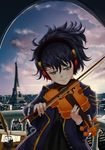  backlighting blue_eyes blue_hair blush bottle building city cityscape cloud cloudy_sky eiffel_tower eiyuu_senki hair_ornament hairpin headphones highres ink_bottle instrument ludwig_van_beethoven_(eiyuu_senki) marchop music outdoors playing_instrument quill sheet_music sky solo tassel tower upper_body violin 