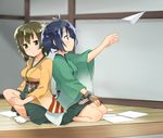  b_allbrack back-to-back bad_id bad_pixiv_id blue_eyes blue_hair breasts brown_eyes brown_hair collarbone full_body gloves hair_ribbon hiryuu_(kantai_collection) indoors japanese_clothes kantai_collection kimono large_breasts light_smile multiple_girls on_floor paper paper_airplane parted_lips partly_fingerless_gloves pleated_skirt ribbon short_hair side_ponytail sitting skirt souryuu_(kantai_collection) twintails wainscoting yugake 